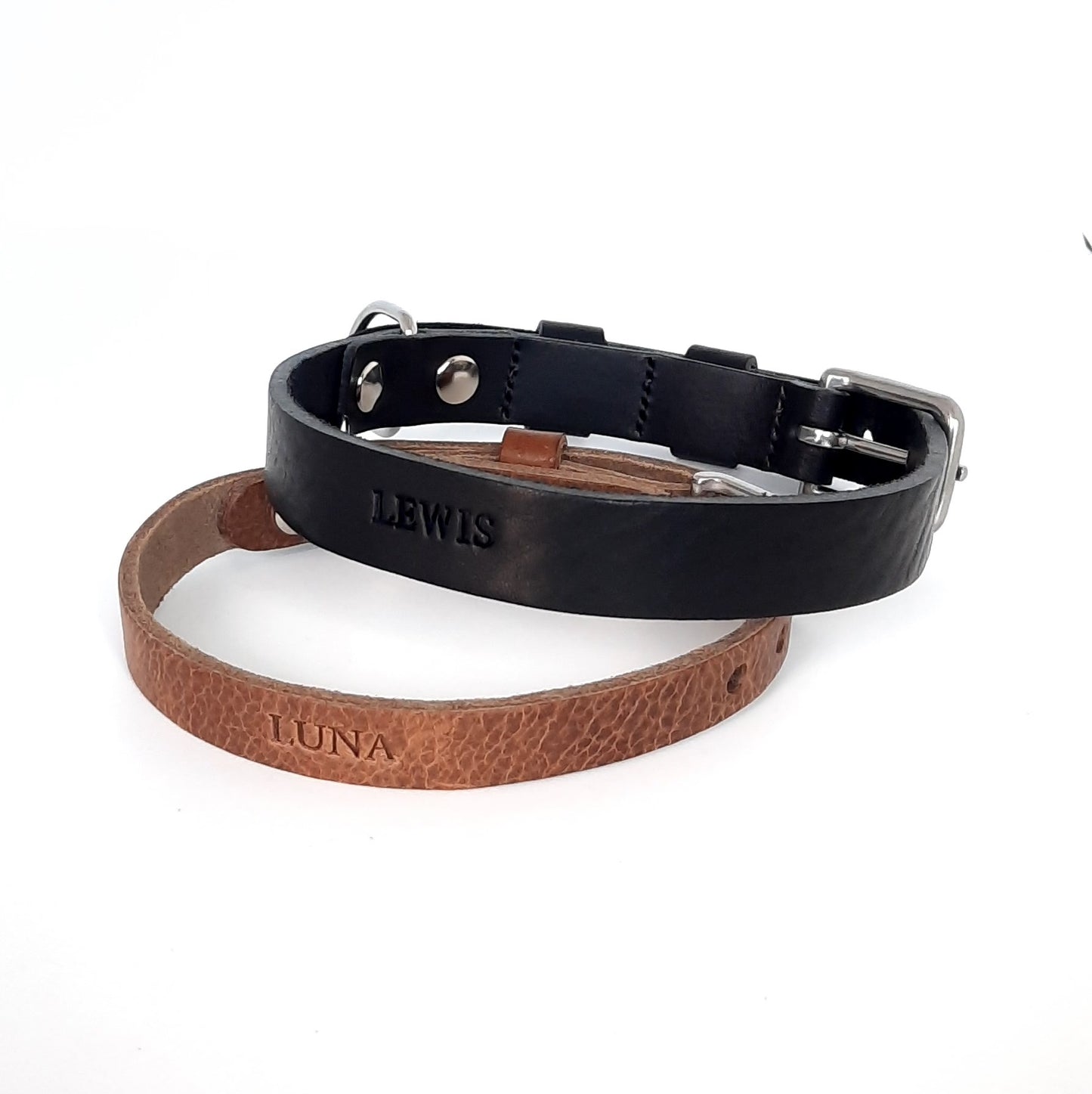 Double Trouble Leren Halsband met naam en/of telefoonnummer | Zwart - Cooper & Quint